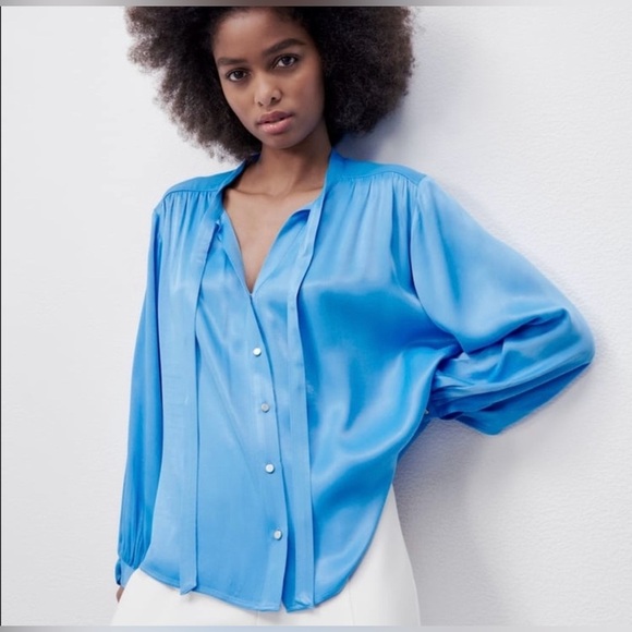 Zara Satin Bow Tie V-Neck Long Sleeve Button Up Blouse Chic | Sky Blue | Medium - Picture 1 of 11